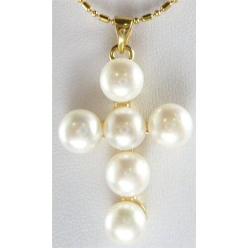Gold white 7-8mm Freshwater Cutlured Pearl Cross Pendant Necklace
