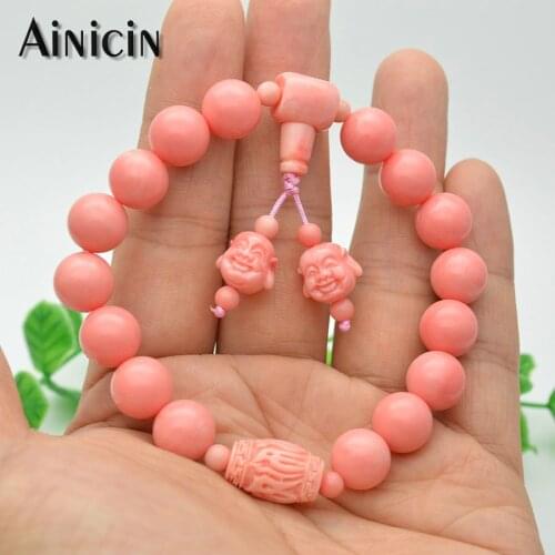 5pcs Double Laughing Buddha Head Charms 8mm Pink Beads Stand Bracelets Fashion Women Mala Prayer Jewelry Bless Lucky Gift 5pcs