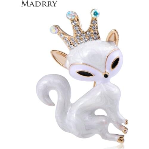 Madrry Vivid Crown Fox Shape Brooch Shiny Crystal Enamel Animal Jewelry Women Kids Suit Coat Collar Pins Daily Accessories Gift