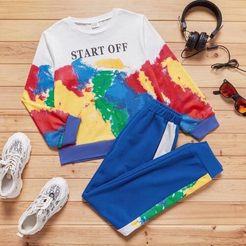 PatPat 2-piece Kid Boy Letter Painting Print Long-sleeve Top and Elasticized Pants Set