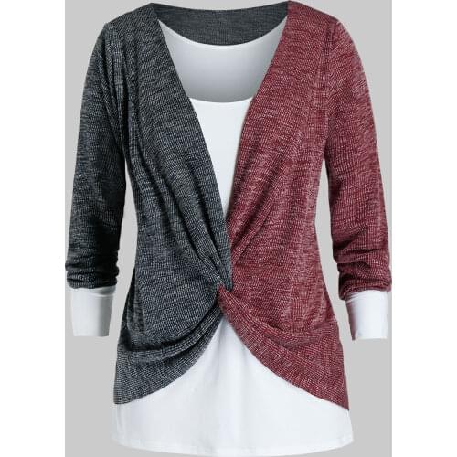 ROSEGAL Plus Size Twisted Two Tone Bicolor Sweater And Tank Top Set Casual Long Sleeve Autumn Knitted Sweater Fashion Pullovers