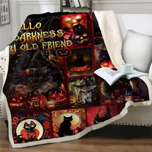3D Printed Halloween Night Fleece Blankets Cartoon Cat Throw Blanket sherpa Blanket on Sofa Bed Kids Christmas Gift Soft Bedding