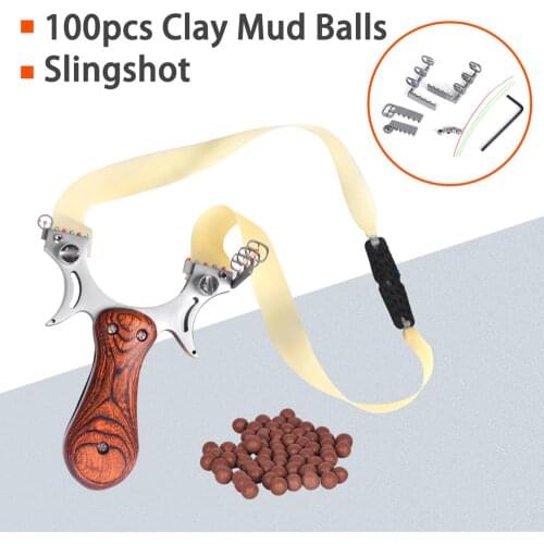 100pcs Clay Mud Balls and Slingshot Powerful Catapult Wood Handle with Aim Points Game Hunting Shooting Outdoor