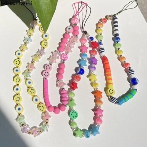 HUANZHI 2021 Colorul Soft Pottery Star Glazed Smile Evil Eye Acrylic Handmade Beaded Chain for Cell Phone Strap Lanyard Jewelry
