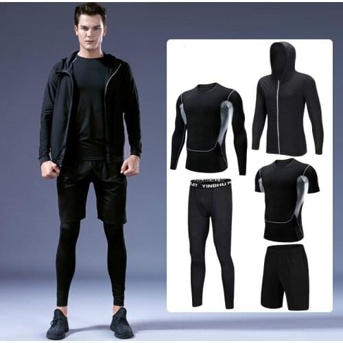 Hot 5 Pcs/Set Mens Tracksuit Sports Suit Gym Fitness Compression Clothes Running Jogging Sport Wear Exercise Workout Tights
