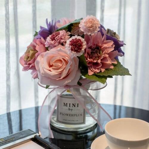 Creative Glass Vase+Artificial Flower Set Decor Home Furnishing Decoration Crafts Wedding Gift Livingroom Silk Fake Flower Pot