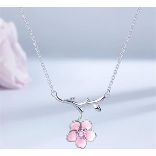 New Simple Temperament Mori Flower 925 Sterling Silver Jewelry Fashion Sweet Tassel Pink Crystal Flower Pendant Necklaces H451