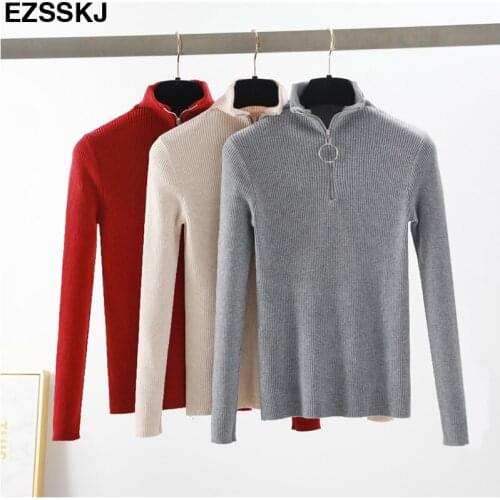 Zipper Turtleneck Solid Women Sweater Skinny Elastic Knitted Full Sleeve Pullover Feminino Soft Femme Spring Jumper High Quality