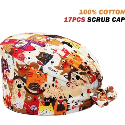 Unisex Scrub Cap Adjustable 100% Cotton Cat Printing Surgicals Hat Beauty Salon Pet Shop Work Accessories Nursing Caps Wholesale