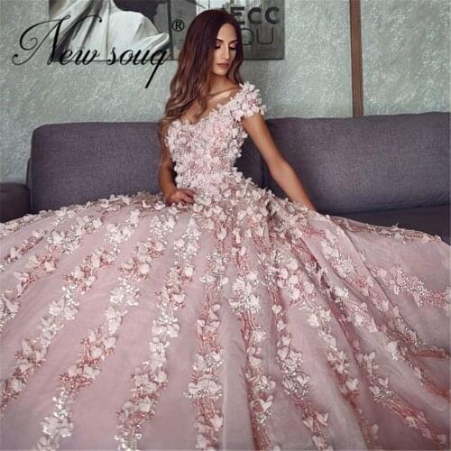 Dubai Pink 3D Flower Evening Dress Custom Chic Design Turkish Islamic Aibye V Neck Prom Dresses For Weddings Saudi Arabia 2020