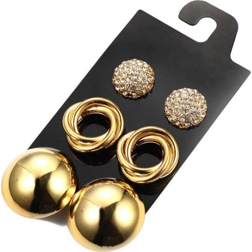 3Pairs/Set Punk Personality Round Stud Earrings Set Mixed New Fashion Crystal Ball Metal Ear Stud Aretes De Mujer