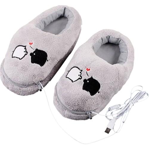 Pair USB Electric Heating Slipper Heated Plush Shoe Grey with Cute Piggy for Feet Cold Relief Winter calm