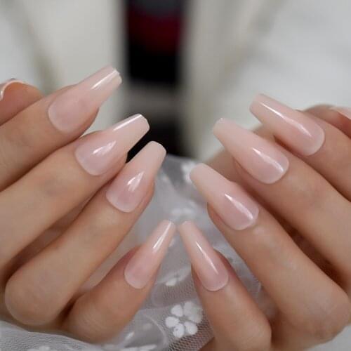 Nude Long Artificial Fake Nail Salon Natural Daily Nail Art Design Pure Tapered Plastic Full Cover Shiny Tips 24Ct