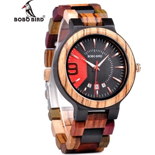 BOBO BIRD New Military Design Unique Dail Auto Date Colorful Wood Band Wristwatch Fathers Day Gift Grooms Relogio Masculino
