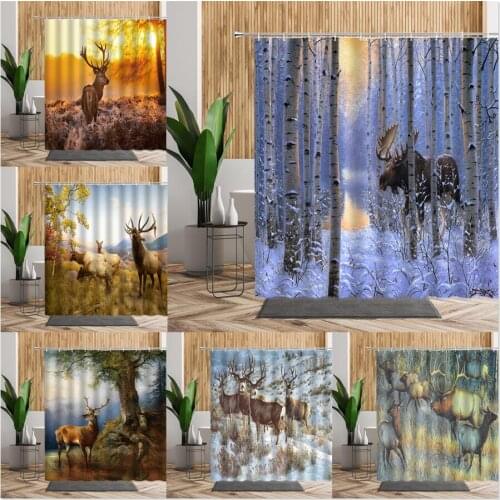 White Birch Forest Deer Shower Curtain Tree Woods Moose Bath Curtains Winter Snow Scenery Cloth Bathroom Decor Set Douchegordijn