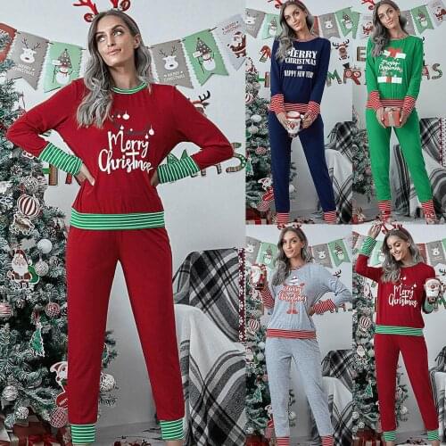 Women Long Sleeve Blouse Pants Letters Stripes Christmas Pajamas Sleepwear Set