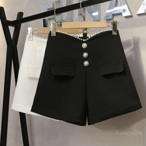 High Waist Womens Shorts Spring and Summer 2021 New Design Industry Beads Single-Breasted A- Line Wide Leg Short Trousers