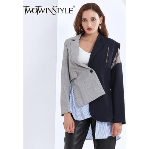 TWOTWINSTYLE Asymmetric Blazer For Women Notched Collar Long Sleeve Patchwork Hit Color Casual Coats Female 2020 Autumn Clothes