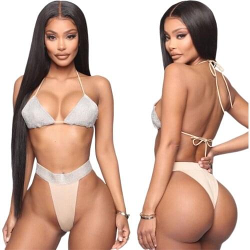 AA Women Rhinestone Two-piece Bathing Suit Lace-up Halter Bra Low Waist Thong Set Brazilian Bikini Crystal Beachwear Biquinis