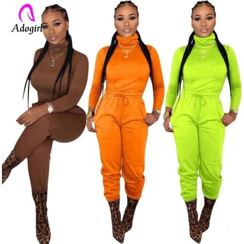 Neon Green Women Tracksuit 2019 Winter Women 2 Two Pieces Sets Solid Color Turtleneck Full Sleeve Top Slim Pants Suit Sportwear