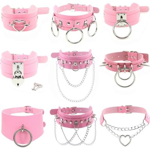 Sexy Sweet Pink Choker Necklaces for Women Girl PU Leather Torques Collar Jewelry Stainless Steel Rivet Link Chain Punk Goth Hot