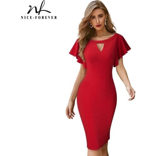 Nice-forever Summer Women Solid Color Elegant Hollow Out Dresses Cocktail Wedding Party Bodycon Slim Dress B673
