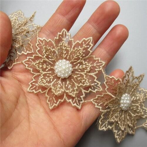 10x 6cm Gold Double Layered Pearl Beaded Leaf Flower Embroidered Lace Trim Ribbon Fabric Patchwork Wedding Dress Sewing Craft