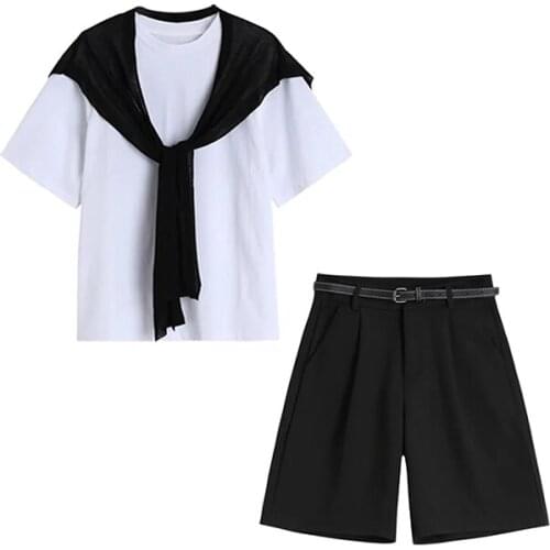 2021 Summer Shawl Short-Sleeved +Cargo Pants Female T-Shirt Women Summer Two Piece Set Casual Belt Shorts Shawl Top
