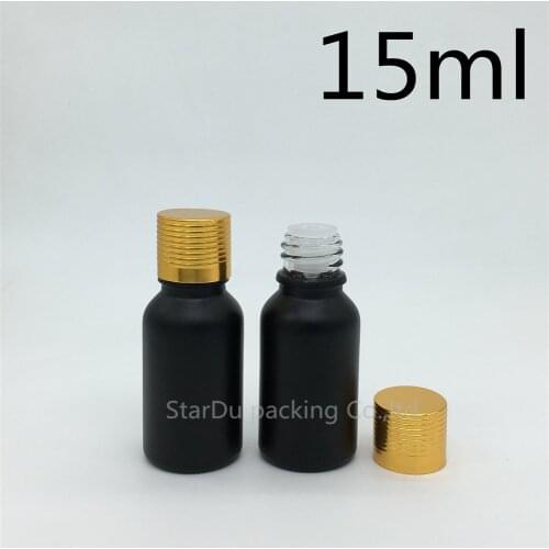 Free Shipping 10pcs 15ML Black Frosted Glass Bottle 15ml Vials Essential Oil Bottle gold Aluminum screw cover Perfume bottle