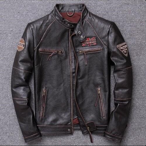 DHL Free Shipping Mens Vintage Genuine Leather Jacket Man Plus Size Brown Motorcycle Genuine Cowhide Spring Autumn Coat