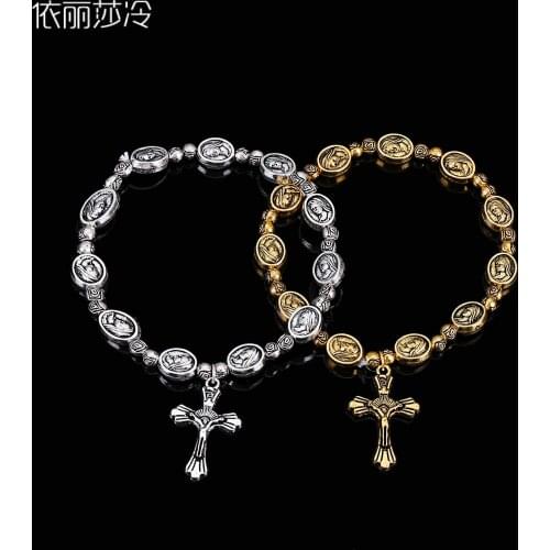 Jesus Mary Beaded Rosary Bracelet, Holy Mercy Beaded Bracelet in Rose Center. Religious prayer beads bracelet.48PCS