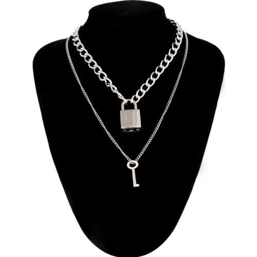 Padlock Chain necklace punk rock 90s link chain silver color key lock pendant necklace women fashion gothic jewelry