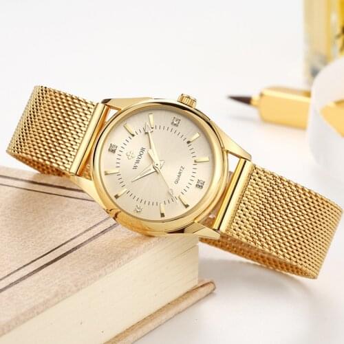 WWOOR Gold Steel Mesh Belt 2021 Watch For Women Casual Dress Fashion Quartz Diamonds Waterproof Lady Wristwatch Relogio Feminino
