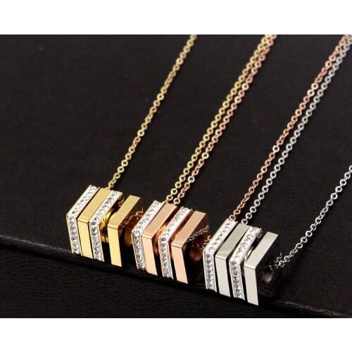 Four Square Shape Pendant Cubic Zirconia Necklace For Women Titanium steel rose gold Fashion collarbone chain necklace