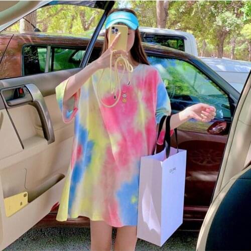 Rainbow Tie-dye Short-sleeved T-shirt Women Loose And Thin Womens Shirt Smiley Face Shirt Half-sleeved Oversized T-shirt Women