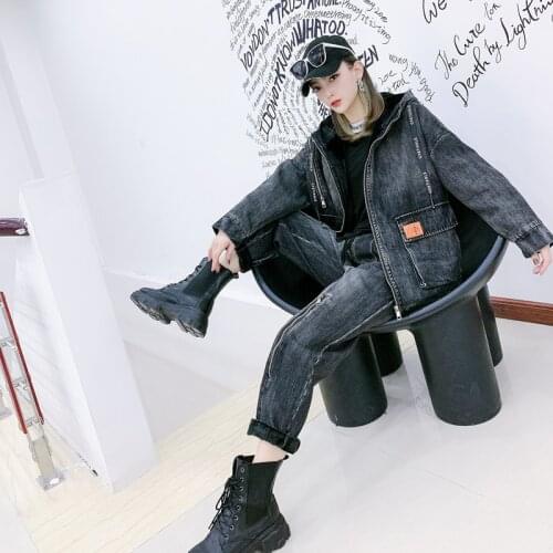 European Spring Autumn Womens Fashion BF style Denim Jacket Coat + Jeans Two Piece Vintage Denim Set Student Streetwear Overalls