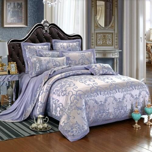 100% New Luxury 4pcs Bedding Set Ellis Blue Golden Cotton Satin Jacquard Duvet Cover Set Available In Queen Size And King Size