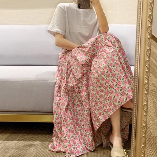 Limiguyue Summer High Waist Skirts Sweet Flower Print Skirt Women Floral Long Skirt Slim Elegant Folds Korean Jupe Longue K946