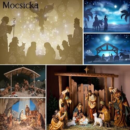 Mocsicka Christmas Jesus Birth Backdrop Christmas Mary Joseph Sheep and Magi Nativity Story Holy Night Photography Background
