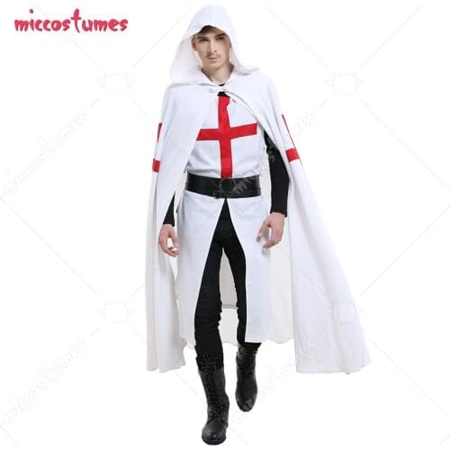 Men Templar Tabard Medieval Crusader General Vest Outfit Cosplay Costume with Cloak Wide and Narrow Belt Fullest