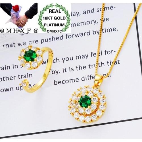 OMHXFC Wholesale European Fashion Woman Girl Party Birthday Wedding Gift Round Zircon 18KT Gold Necklace+Ring Jewelry Set SS03