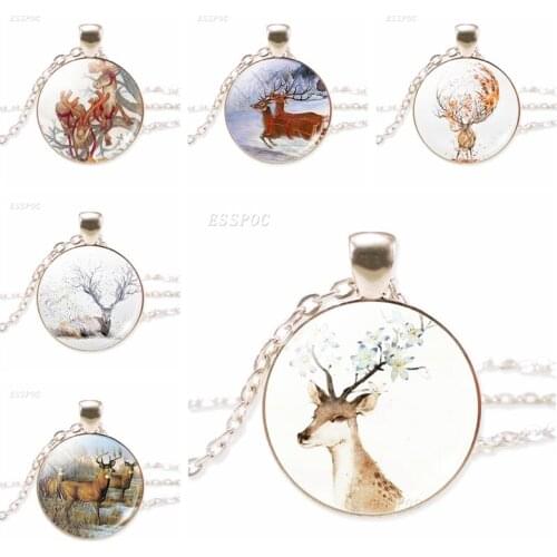 Handcrafted Elk Necklace Time Lovely Sika Deer Chain Pendant Glass Dome Cabochon Fashion Jewelry Gift for Girl