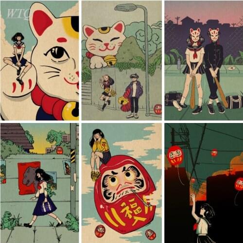 Anime Posters Geni Riot Artwork Fox Mask Girl Retro Poster Home Decor Wall Art Canvas Painting Photos for Childrens Room Decor