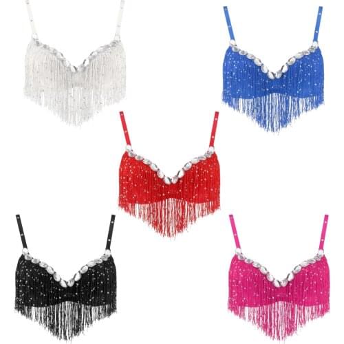 Tribal Glitter Belly Dance Bra Sparkle Rhinestone Sequined Tassel Top for Party Club