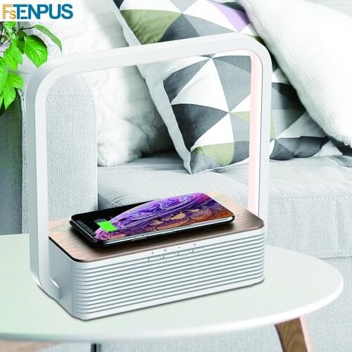 2020 Elegant Design A15B Wood Imitation Bedside Table Lamp With Wireless Charger And Wireless Speaker