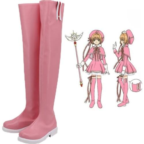 New Cardcaptor Sakura Clear Card Cosplay Shoes Knee Length PU Leather Cosplay Boots Pink High Heels Zipper Type Size 35-44