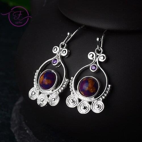 Silver Drop Earring Charoite Earring Female Created Gemstone Ear Pendant Ear Ornaments Retro Jewelry Earrings for Women