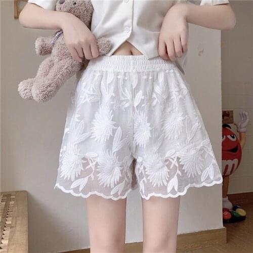Women White Floral Crochet Shorts Summer Vintage Loose Wide Leg Female Shorts Ladies Lolita Embroidery Sweet Underskirt Shorts