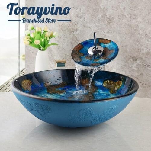 Bathroom Glass Basin Waterfall Faucet Hand Painted Round Tempered Vessel Faucets Set
