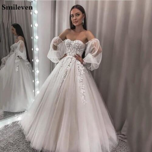 Smileven Puff Sleeve Lace Wedding Dress A line Bridal Gowns Sweetheart Neck Vestido De Noiva 2021